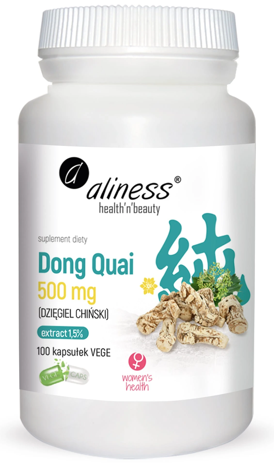 Aliness Dong Quai ekstrakt 1,5% 500mg 100vkaps. Dzięgiel chiński