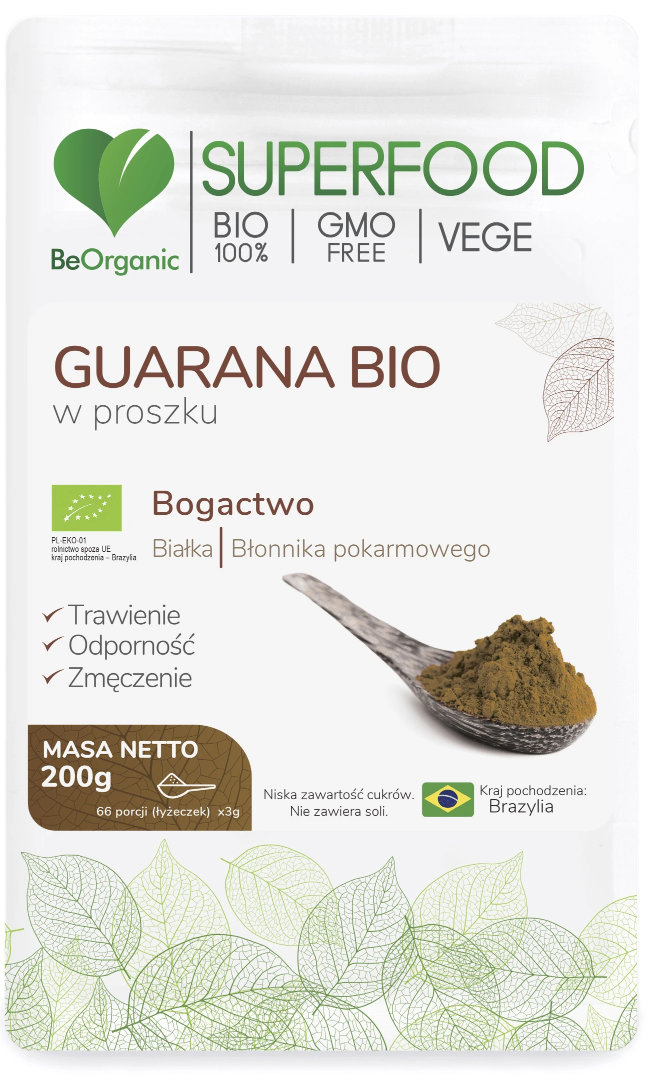 BeOrganic Guarana BIO w Proszku - 200g Kofeina Pobudzenie